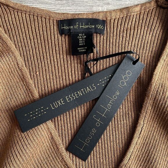 House of Harlow Ribbed Midi Dress Small Camel Brown Cut Out Neutral Party Knit - Picture 4 of 10